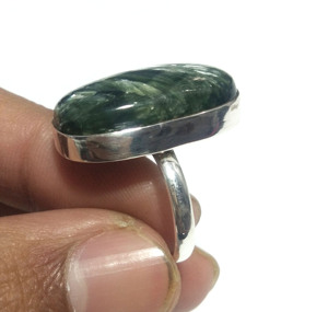 Bague en argent sterling 925 avec cabochon de séraphinite verte naturelle, motif floral bohème fait main, pierre précieuse de déclaration, vente en gros - Product Image 6