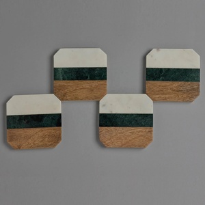 Ensemble de sous-verres octogonaux en bois et marbre sur mesure avec incrustation de pierre verte, sous-verres résistants à la chaleur pour la décoration de la maison - Product Image 4