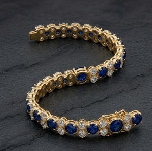 18K Gold Sapphire and Diamond Tennis Bangle Oval Blue Stone <b>Bracelet</b> Round Brilliant Jewelry for Wedding Party - Product Image 1
