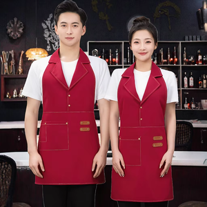 Delantal unisex de poliéster rojo con cierre de botón y bolsillos para uniforme de camareros de restaurante y bar - Product Image 5