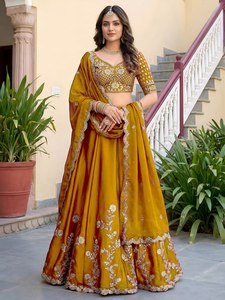 Yellow Velvet Embroidered <b>Lehenga</b> Choli With Floral Print A-Line Floor-Length Bridesmaid Dress Scoop Neck Three Quarter Sleeve - Product Image 1