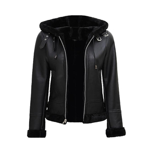 Veste de moto en cuir véritable pour femme avec capuche à fourrure, fermeture éclair, manches longues, couleur unie, coupe-vent pour l'hiver - Product Image 1