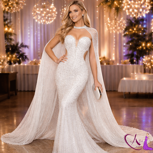 Robe de mariée sirène luxueuse ornée de cristaux, robe élégante avec cape, robe de soirée de créateur pour femmes |   Collection Premium - Product Image 2