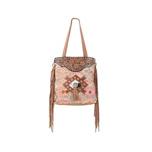 Top Trendy Hand Tooled Leather <b>Tote</b> Handbag With Handblocked Rug and Leather Fringes Top Indian Manufacturer & Supplier - Product Image 2