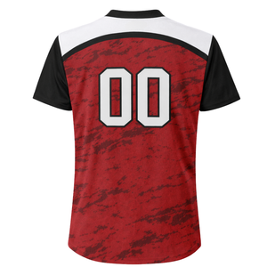 Maillot de softball personnalisé en sublimation intégrale, design mosaïque rouge et noir, col boutonné, uniforme d'équipe avec numéro imprimé au dos - Product Image 3