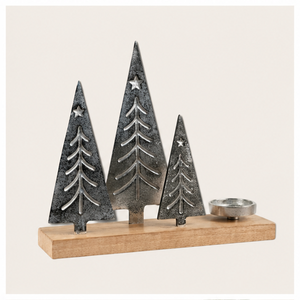 High-Quality Silver Metal Christmas Tree Candle Holder With Rustic Wooden Base Elegant Festive Tealight <b>Stand</b> For Home Decor - Product Image 6