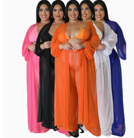 Plus Size Sheer Mesh 3-delige badpakset Halter Bikini Lange Mouwen Open Voorkant Maxi Sarong Wijde Pijpen Broek Dames Badkleding