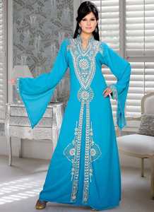 AWAIS HOUSE Women's Turquoise <b>Chiffon</b> Floor-Length Modest Evening Dress Beaded Embroidery V-Neck Long Sleeve <b>Jacket</b> A-Line - Product Image 4