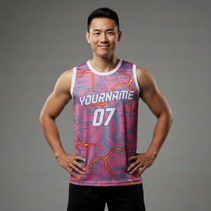 เสื้อบาสเก็ตบอลพิมพ์ลายที่ดีที่สุดปี 2026 สำหรับผู้ชาย แบบไม่มีแขน ระบายเหงื่อได้ดี ดีไซน์แบบซับลิเมชั่น ลายวงกลมสีชมพู ทรงพอดีตัวสำหรับนักกีฬา - Product Image 1