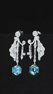 Luxury Chandelier <b>Earrings</b> With Blue Topaz And <b>Diamond</b> Asscher Cut Geometric Design For Women Wedding Jewelry - Product Image 1