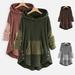 Sweat-shirt polaire oversize à capuche pour femme, manches longues, épaules tombantes, color block, poche asymétrique, vêtement d'hiver - Product Image 6