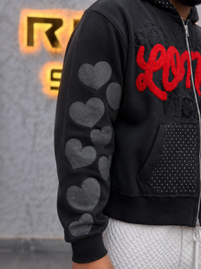 REXFIT SPORTS Men's Black Zip-Up <b>Hoodie</b> With <b>Red</b> Chenille Embroidery Heart Sleeve Print Relaxed Fit Streetwear Fleece Hood - Product Image 5