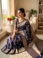 LD CREATION Saree Banarasi de Luxe en Soie Pure, Tissage Zari Doré, Pallu Riche, Réversible, pour Mariage Traditionnel Indien et Soirée de Créateur