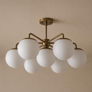 Brass Globe Chandelier 7 Frosted Glass Globes Mid Century <b>Modern</b> <b>Ceiling</b> <b>Light</b> Fixture Decorative Interior Lighting - Product Image 5