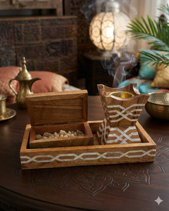 Juego de quemador Bakhoor de madera de primera calidad Diseño de incrustaciones florales con tarro a juego y bandeja de exhibición de acrílico transparente Incrustaciones de madera de regalo - Product Image 1