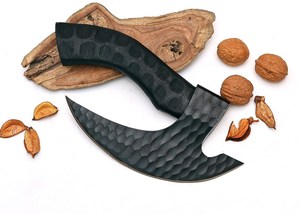 A&M Enterprises Industrial Handmade All Black Ulu Style Skinning <b>Axe</b> High Carbon Steel Blade Wood <b>Handles</b> Hammered Textured - Product Image 5