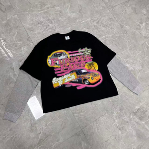 เสื้อยืดโอเวอร์ไซส์พิมพ์ลาย DTG แบบสองชั้น แขนยาว สไตล์สตรีทแวร์ ประดับคริสตัลหลากสี ผ้าคอตตอนวาฟเฟิล สำหรับผู้ชาย ลายกราฟิก - Product Image 2