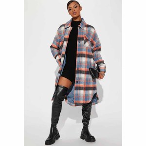 Manteau long en laine à carreaux grande taille pour femme, style décontracté, col à revers, boutonnage surdimensionné, vente en gros - Product Image 3