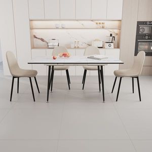 Juego de Mesa y Sillas de Comedor Modernas Extensibles de MDF de 47''/63'' para 2-6 Personas, Mesa Blanca con Tapicería Beige, Elegante para el Comedor - Product Image 1