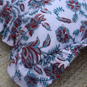 Hand Block <b>Print</b> Frill <b>Cushion</b> Covers Handmade 100% Cotton Bohemian Throw Pillows Vintage Floral Raffle Trim for Home Decor - Product Image 2
