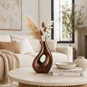Modern Wooden Tabletop <b>Vase</b> with <b>Unique</b> Hole Design Entryway Teak Handmade Decorative <b>Vase</b> for Home Garden Dried Flowers Decor - Product Image 3