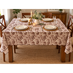 Mantel de Lino Premium con Estampado Toile Marrón Vintage y Borde Festoneado – Elegante Cubierta Decorativa para Mesa de Comedor para el Hogar, Restaurante - Product Image 1