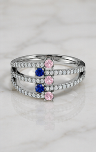 925 Sterling <b>Silver</b> Rhodium Plated Multi-Row CZ <b>Ring</b> with Pink & Blue Stones | Luxury <b>Statement</b> <b>Ring</b> for Women - Product Image 3