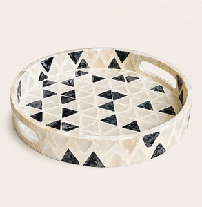 Mother of Pearl Inlay Round Serving Tray Geometric Black and White <b>Mosaic</b> Decorative Coffee Table Centerpiece Tray for Hotel - Product Image 5