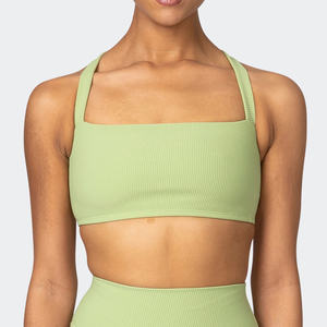 Women's Ribbed Halter Sports Bra Square Neck Medium Support Yoga Wear Breathable Seamless Solid Color Light Green - Product Image 4