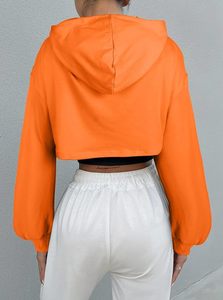 Sudadera con capucha corta naranja, color sólido, informal, para otoño, manga regular, sudadera con capucha para mujer, top informal para mujer - Product Image 3