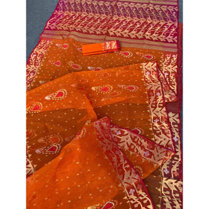Sari Jamdani en coton artisanal traditionnel, motif floral imprimé numériquement, pour occasions de fête féminines, protection solaire, séchage rapide - Product Image 5