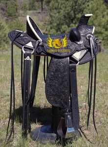 Handmade New Genuine <b>Leather</b> Western Black Floral <b>Tooling</b> Horse Saddle Portable Riding Dressage Custom Package Made in india - Product Image 5