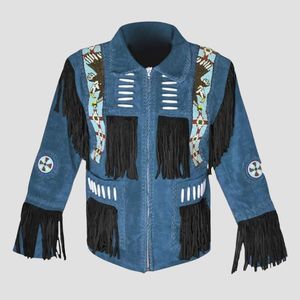 Top Quality Men’s Premium Blue <b>Suede</b> Fringe <b>Jacket</b> Western Cowboy Tassel Leather Style Coat Turn down Collar Zipper Closure - Product Image 6