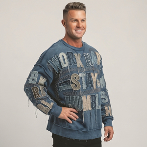 Heavyweight 100% Cotton Sweat Shirts Men's Winter Distressed <b>Embroidery</b> <b>Sweatshirts</b> Men Loose Fit Distressed Winter Sweat Shirt - Product Image 3