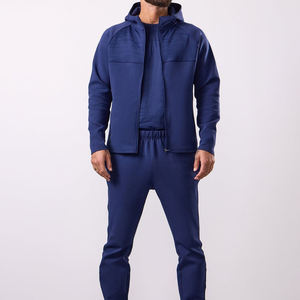 Ensemble de survêtement décontracté pour homme, bleu marine, à capuche, manches longues, couleur unie, jogging, poids moyen, 100 % coton respirant, design 2-en-1, automne - Product Image 1