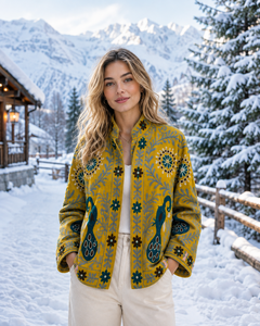 <b>Women</b> Winter Yellow <b>Velvet</b> Sujani <b>Jacket</b> Peacock Embroidery Handmade Floral Bohemian Ethnic Designer Boutique Outerwear Stand - Product Image 5