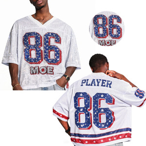 Trendy White Men Sequin <b>Rhinestone</b> Sparkly Hip Hop Streetwear American Football Jersey Oversized <b>Mesh</b> Game Day Bling Shirt <b>Top</b> - Product Image 1