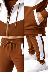 Ensemble de survêtement pour homme blanc et marron, sweat à capuche zippé et pantalon de jogging, tenue de sport décontractée pour la gym, la course et le fitness, vente en gros - Product Image 6