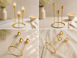 Porte-bougie en métal doré à 3 bras avec bougies coniques décoratives, élégant centre de table, porte-bougie pour trois bougies coniques - Product Image 3
