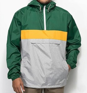 Nouvelle conception – Veste coupe-vent à capuche pour homme, blocs de couleur, fermeture éclair quart de tour, légère, décontractée, pour l'extérieur, type anorak – Vert, Jaune, Gris - Product Image 5