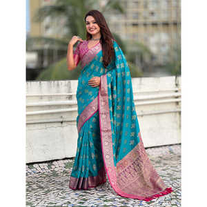 Sari en soie douce bleu ciel Elite Weaves, tissé en zari, ikkat patola, avec des tissages contrastés, robes de soirée élégantes, 600g - Product Image 2