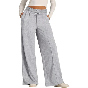 Pantalon évasé gris à taille élastique personnalisée pour femme, coupe large, en jersey doux, décontracté, pour le yoga, le sport ou le quotidien - Product Image 1