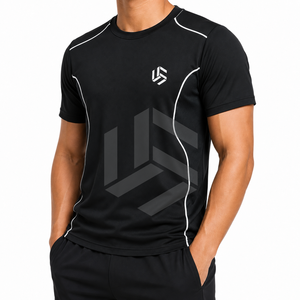 T-shirt formel à manches courtes noir pour homme avec rayures blanches, séchage rapide, coupe ample, col rond, en polyester tricoté - Product Image 5