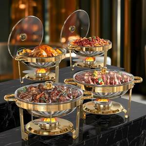 Elegante calentador de alimentos tipo buffet de acero inoxidable con revestimiento dorado y tapa, para uso en hoteles, hogares, catering y banquetes. - Product Image 4