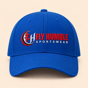 หมวกเบสบอล Fly Humble Sportswear แบบ 6 แผง ปักโลโก้ สีน้ำเงิน สำหรับทุกเพศ สวมใส่สบาย หมวกเบสบอลปักโลโก้ 6 แผง - Product Image 1