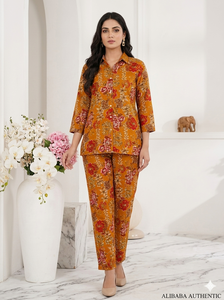 Premium Floral Print Women's Co-ord Set Mustard Yellow Cotton Button-<b>Down</b> Tunic <b>Trouser</b> Two-Piece Casual Summer Party Outfit - Product Image 1
