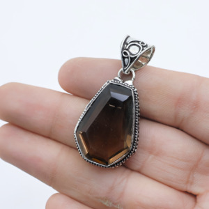 จี้ควอตซ์สโมคกี้เคลือบเงิน – พลอยสีน้ำตาลเจียระไน – สร้อยคอสไตล์วินเทจ - Product Image 3