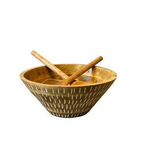 Juego de tazón y servidor de ensalada de madera de mango de primera calidad, diseño exterior tallado único y acabado apto para alimentos, para la cocina y el comedor del hogar. - Product Image 4