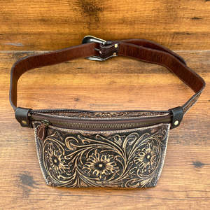 Tooled Leather Fanny Packs for <b>Women's</b> Wholesale Cowhide Leather Vintage Bum <b>Bag</b> Western Brown Floral Pattern Leather <b>Belt</b> <b>Bags</b> - Product Image 3
