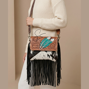 Handmade Western Tooled Leather Crossbody Bag Real Cowhide Fur Fringe Handbag Vintage Boho Shoulder Bag for Women Cowgirl <b>Purse</b> - Product Image 4